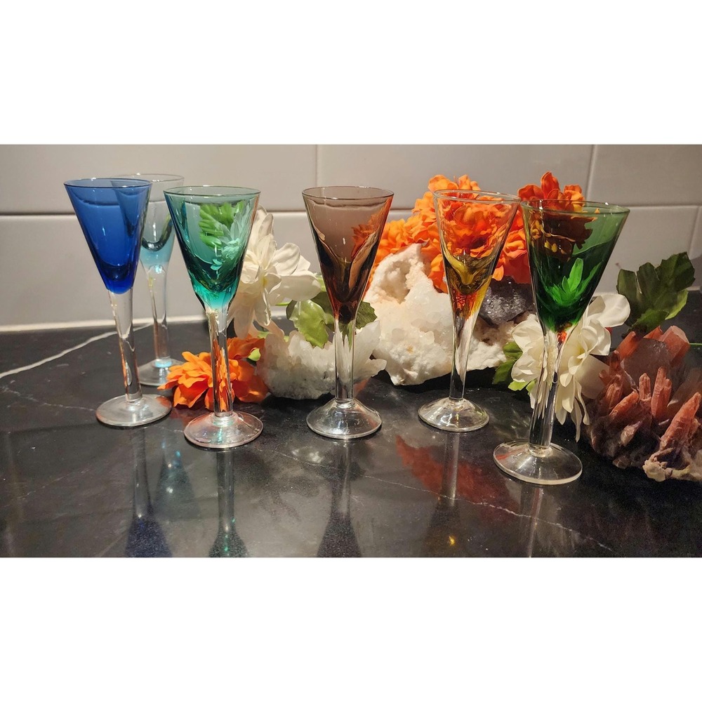 Vintage Hand Blown Cordial Glasses Set of 6 Mid-Century Colored Barware Stemware